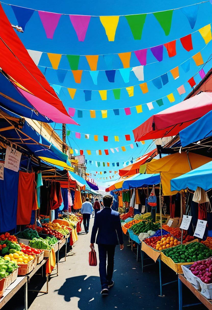 A person exploring a vibrant market filled with various insurance policy options displayed like colorful stalls, showcasing affordability and tailored choices. In the background, a clear blue sky symbolizes hope and opportunity, while a friendly guide points towards the best options. The scene should evoke a sense of journey, discovery, and empowerment in decision-making. vibrant colors. super-realistic.