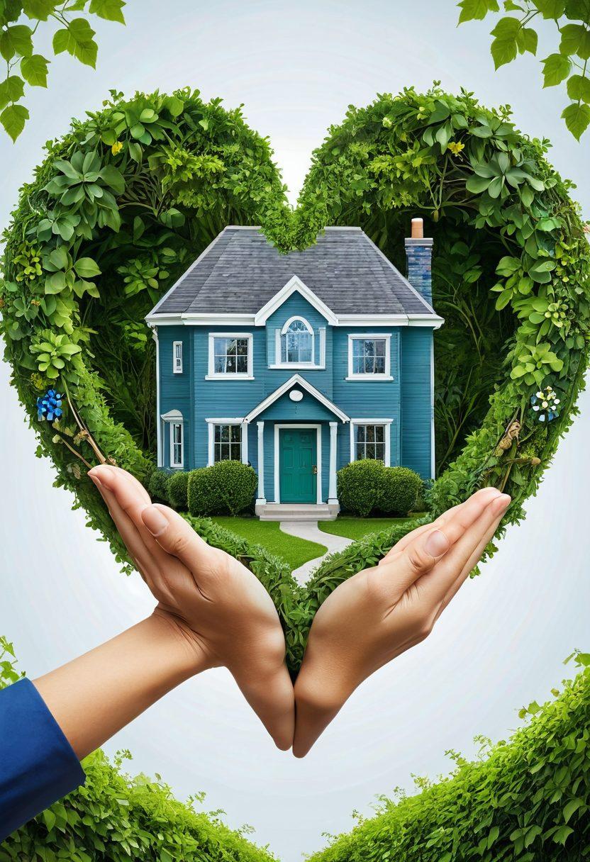 A heart shape made of various insurance icons like houses, cars, health symbols, and policy documents, intertwined with lush green vines representing growth and harmony. In the background, a couple holds hands while looking at a blueprint or plan with a confident expression. The scene is warm and inviting, symbolizing love and security in choosing insurance coverage. super-realistic. vibrant colors. soft focus.