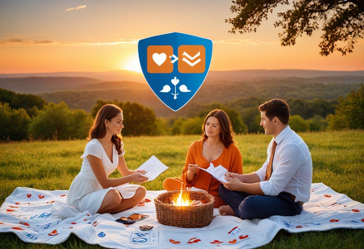 A split-image design showing two contrasting scenes: on one side, a professional figure analyzing risk management charts with insurance documents, and on the other side, a couple enjoying a romantic picnic under a sunset, symbolizing love and future planning. In the center, combine symbols of insurance (like shields and checkmarks) with heart shapes and life stages (e.g., baby items, wedding rings). The background should be a gradient that transitions from a corporate blue to a warm sunset orange. super-realistic. vibrant colors.